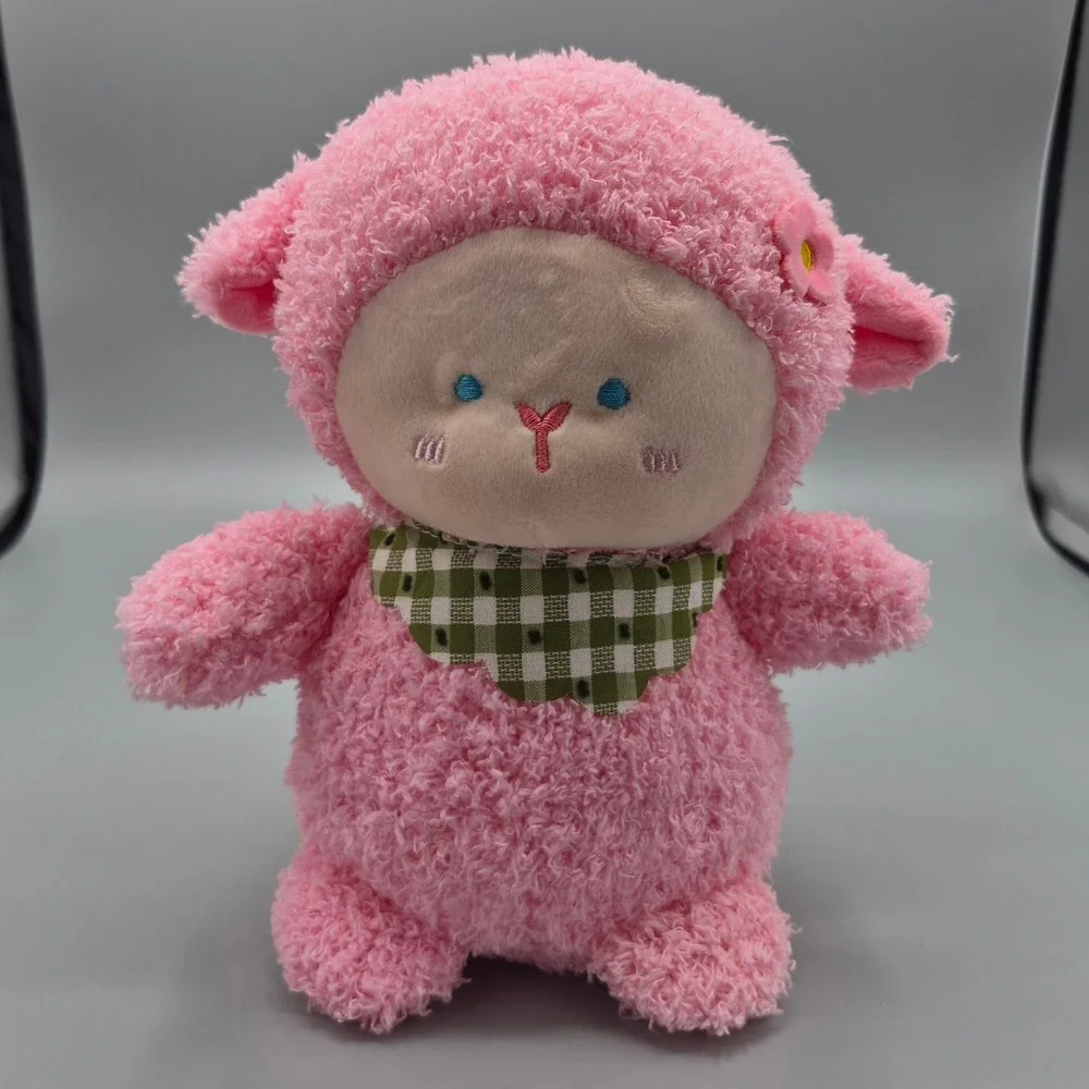 JHWH Pink Sherpa Lamb Plush Stuffed Animal Green Gingham Bandana Kawaii Sheep